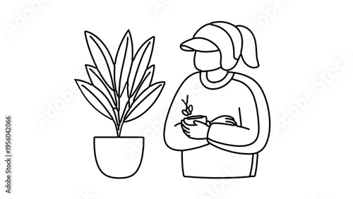 A minimalist line art illustration of a person holding a plant next to a potted plant