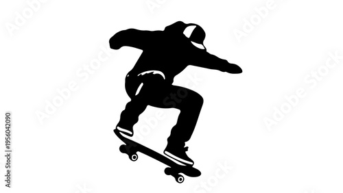 A black silhouette of a skateboarder in mid-air on a white background