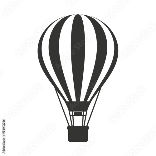 A black and white illustration of a hot air balloon with a basket hangs suspended.