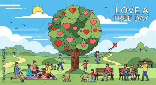 Vector illustration of people celebrating Love a Tree Day in a park