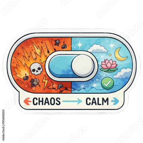 digital toggle switch icon | sliding from chaos symbols to calm symbols | balance and mindfulness concept | sticker illustration | minimalist vector style | soft gradients | modern calming design 