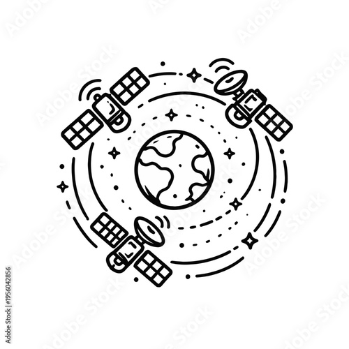 Modern line art illustration of communication satellites orbiting planet Earth, symbolizing global connectivity, advanced space technology, and telecommunication networks