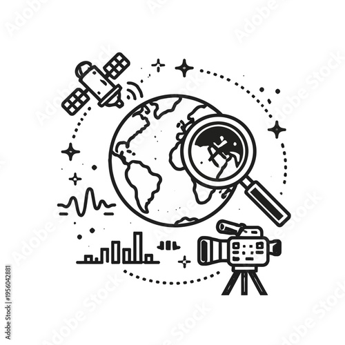 Line art depiction of global technology and data analytics, showcasing satellite communication, Earth monitoring, and information processing for comprehensive worldwide insights and digital innovation