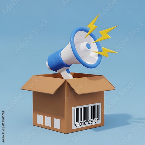 Brown cardboard box with barcode and white labels on blue background with blue and white megaphone and yellow lightning bolts coming out  loud announcement from package