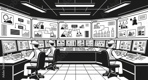 Control Room Operators Monitoring Complex Systems and Data Displays.
