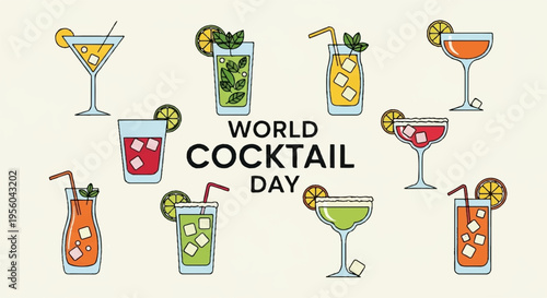 Set of 8 cocktail icons vector, World Cocktail Day