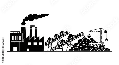 Black and White Illustration of a Coal Mining Factory.