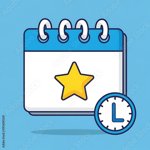 Cartoon calendar with star and clock on blue background  symbolizing organization and time management