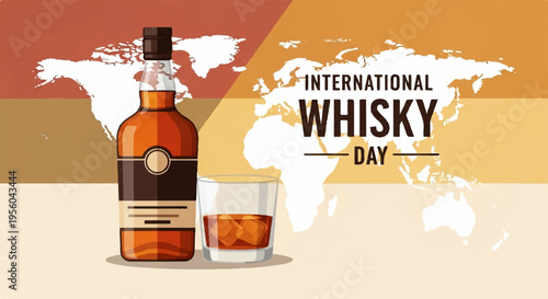 Vector illustration of whiskey bottle and glass on world map background for International Whisky Day
