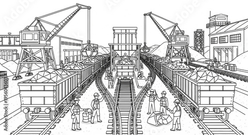 Busy Railway Yard Scene with Cranes and Workers.