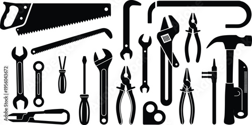 Black and white of various hand tools including wrenches pliers hammers and screwdrivers arranged in a grid pattern