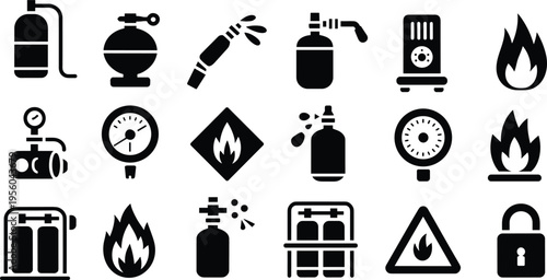 Black and white of gas cylinders, fire safety equipment, and related symbols fire extinguisher propane tank