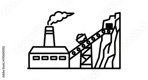 Coal Mine and Factory Illustration with Conveyor Belt and Smoke.
