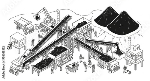 Coal Mining Operation - Conveyors, Trucks, and Stockpiles.