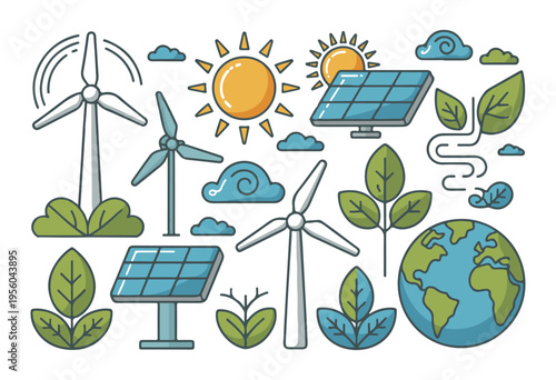 Set of eco energy icons with wind turbines solar panels green leaves and earth globe for sustainable concept
