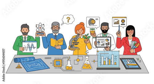 Diverse group of scientists and researchers working together in a laboratory setting with various equipment and technology