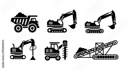 Construction Equipment Icons - Dump Truck, Excavators, Drill, and Conveyor.