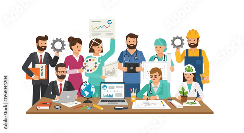 Diverse professionals working together at a desk with various tools and graphs