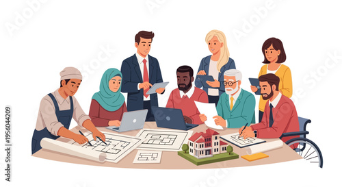 Diverse group of people working together on house blueprints