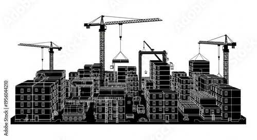Construction Site Silhouette - Cranes and Buildings in Progress.