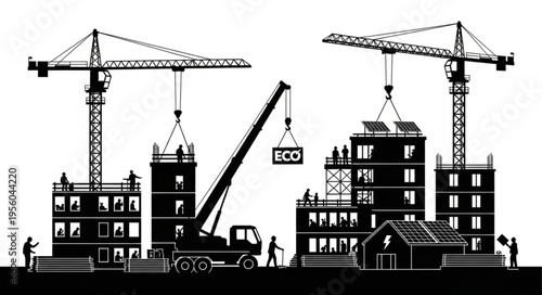 Construction site silhouette with cranes and buildings under development.