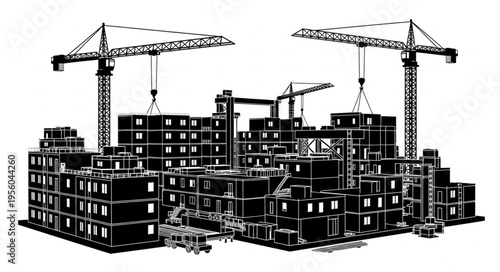 Construction Site with Cranes and Buildings in Black and White.