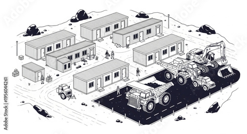 Construction Site with Buildings and Heavy Machinery Illustration.
