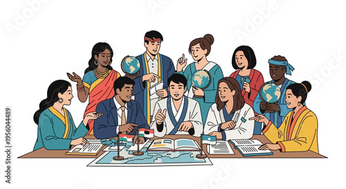 Diverse group of people from different cultures studying a world map