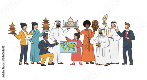 Diverse people from different cultures holding landmarks and a world map