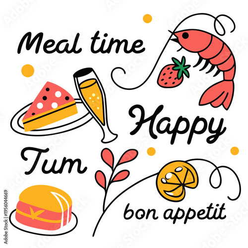 Foodie lifestyle sticker pack with shrimp cake champagne citrus and fun phrases like happy meal time and bon appetit for menu and cafe branding
