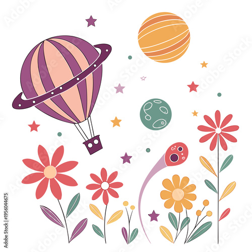 Magic universe scene with planet hot air balloon blooming flowers shooting star and cosmic elements in a whimsical fantasy garden vector art design