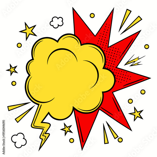 Comic book style explosion with yellow cloud and red burst, pop art element with halftone dots and lightning bolt, stars, retro