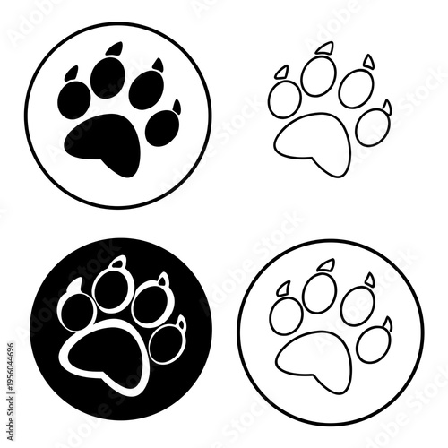 Set of animal paw print icons featuring black and white designs for pet lovers and veterinarians seeking minimalist wildlife tracking symbol art