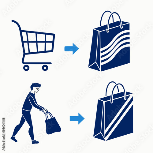 Minimalist shopping icons collection showing transformation from empty cart to full paper bags with character carrying groceries and blue arrow guides