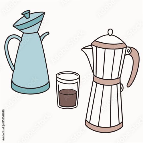 Coffee making equipment including french press moka pot and glass of brewed coffee for morning beverage preparation