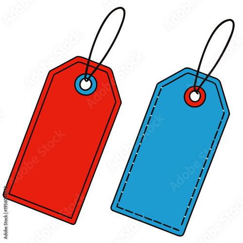 Fotografija Pair of blank price tags in red and blue colors with black hanging strings isola