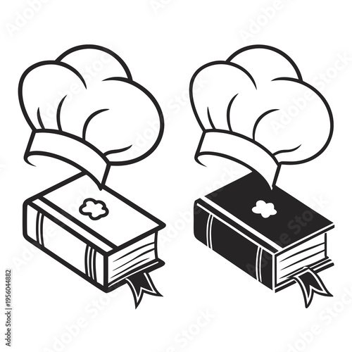 Chef hat on cookbook with ribbon bookmark in two styles, a line art version and a black fill version, on a white background, representing culinary education