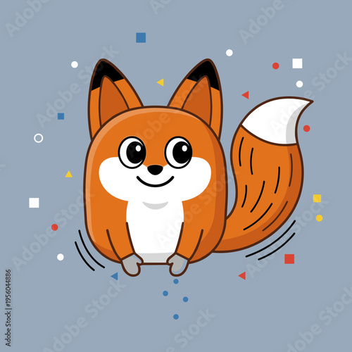 Cute Cartoon Fox Character with Orange Fur and White Tail, Playful Smiling Mascot Illustration with Colorful Geometric Confetti Elements on Light Blue Background