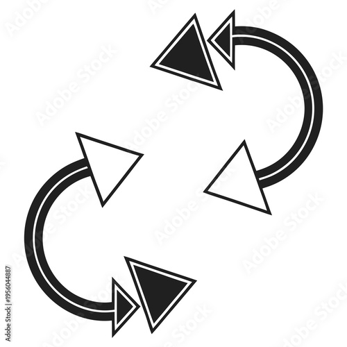 Two refresh or reload arrows, forming a circular pattern, with one set having solid black arrowheads and the other hollow white arrowheads, on white background