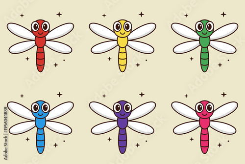 Colorful Cartoon Dragonfly Characters Set, Cute Smiling Insect Mascots in Red, Yellow, Green, Blue, Purple and Pink, Isolated on Beige Background with Star Accents Vector Illustration