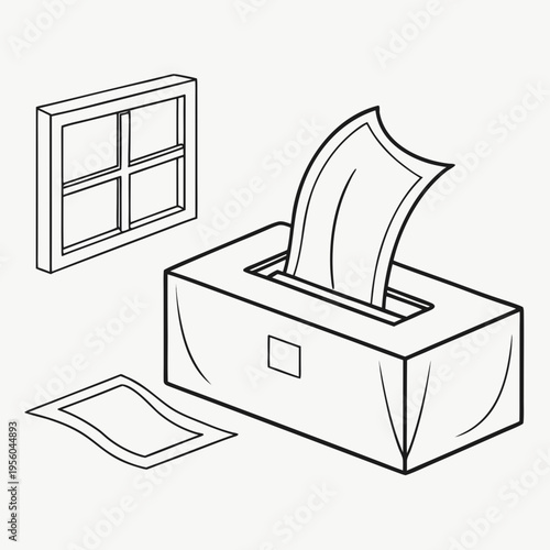 Line art illustration of tissue box with paper sticking out and window background for cleaning hygiene allergies health and household routine design