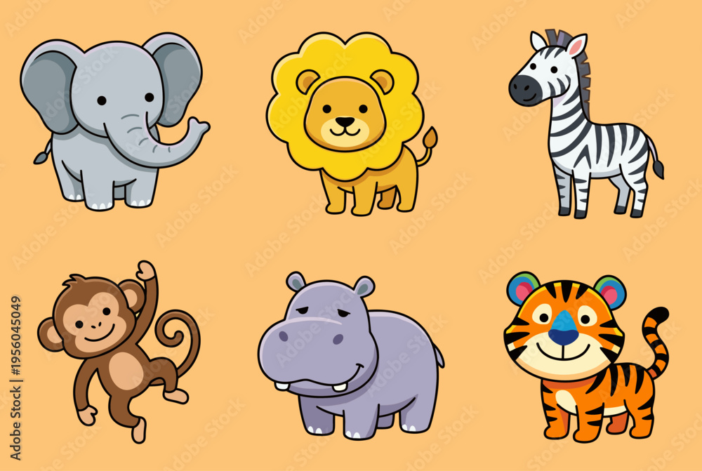 Fototapeta premium Collection of Adorable Cartoon Safari Animal Characters, Elephant, Lion, Zebra, Monkey, Hippopotamus and Tiger Isolated on Orange Background for Kids and Zoo Design