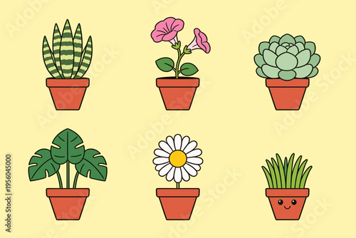 Set of Six Cute Potted Houseplants, Snake Plant, Succulent, Monstera, Daisy and Morning Glory, Isolated on Yellow Background Vector Illustrations