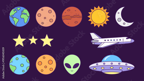 Set of Cute Cartoon Space Elements, Planets Sun Moon Stars Alien UFO and Airplane, Isolated on Dark Purple Background Vector Illustrations