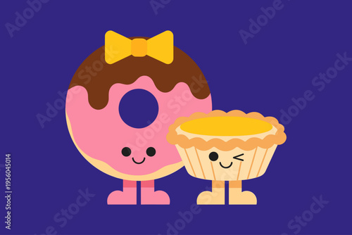 Cute Cartoon Donut and Tart Characters, Pink Donut with Yellow Bow and Winking Custard Tart, Isolated on Dark Purple Background Vector Illustrations 