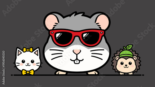 Cute Cartoon Trio of Pets, Cool Hamster with Red Sunglasses, White Cat with Yellow Bow and Hedgehog with Leaf Hat, Isolated on Grey Background Vector Illustrations