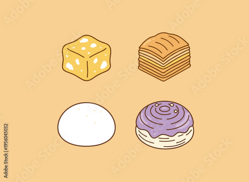 Set of Four Traditional Asian Pastries, Cube Pastry Layered Cake Mochi and Taro Bun, Isolated on Beige Background Vector Illustrations for Asian Cuisine Dessert and Snack Design Projects