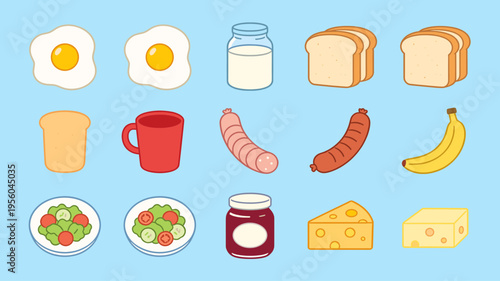 Set of Cute Cartoon Breakfast Food Icons, Fried Eggs, Milk, Toast Bread, Sausages, Salads, Jam, Cheese and Banana Isolated on Blue Background for Menu and Restaurant Design