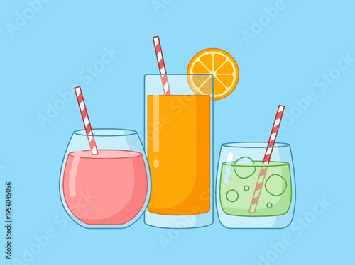 Colorful Refreshing Summer Drinks Set, Cute Cartoon Vector Illustrations of Fruit Juices and Iced Beverages with Striped Straws, Isolated on Light Blue Background for Food Design