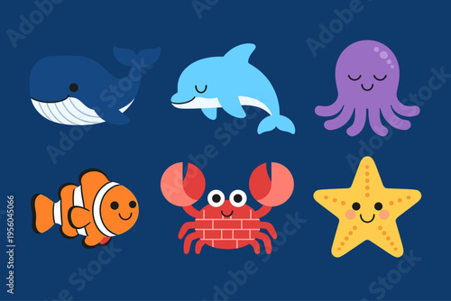 Set of Cute Cartoon Sea Creature Icons, Whale, Dolphin, Octopus, Clownfish, Crab and Starfish Isolated on Dark Blue Background for Marine Life and Aquarium Design